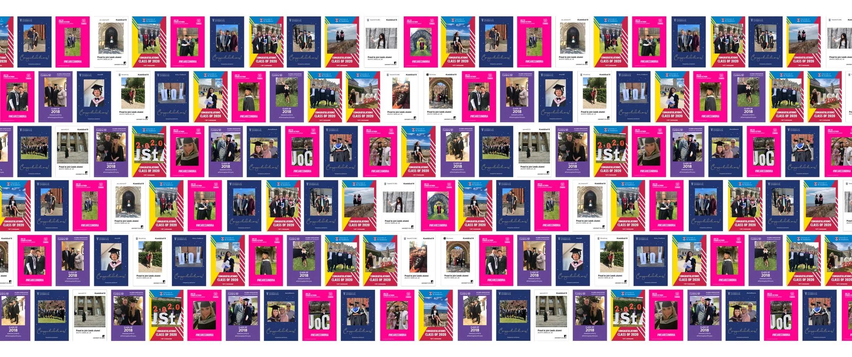 A collection of branded graduation photo prints from various universities